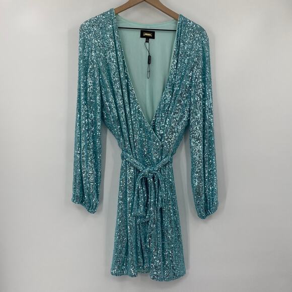 Alexia Admor Sequin Mini Wrap Dress Long Sleeve Tie Waist Mint Blue Womens L - Picture 3 of 10